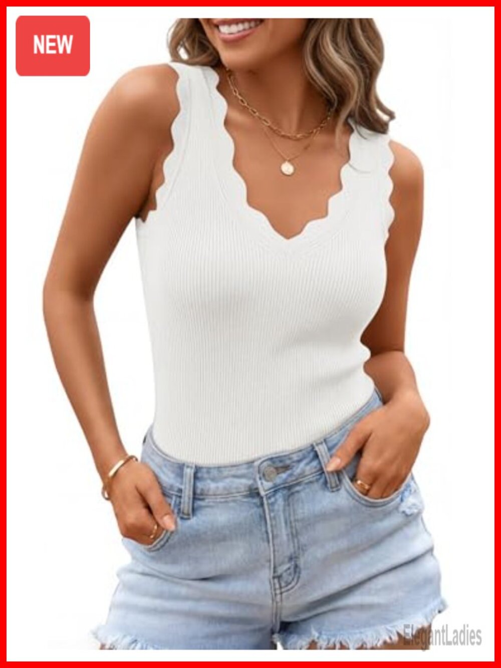 Ribbed Knit Sleeveless V Neck Tank Top Summer Cami